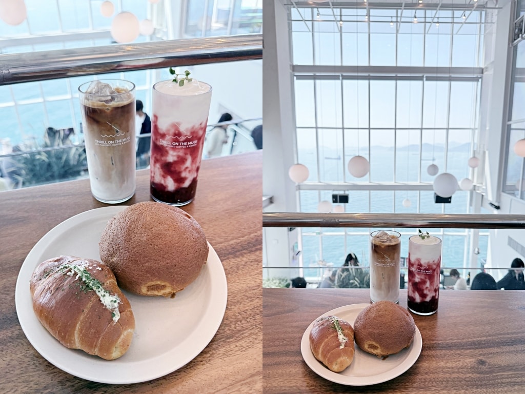 【釜山美食推薦】「THRILL ON THE MUG! (스릴온더머그)」釜山影島最美海景咖啡廳，兩層樓全景落地玻璃窗看海喝咖啡!