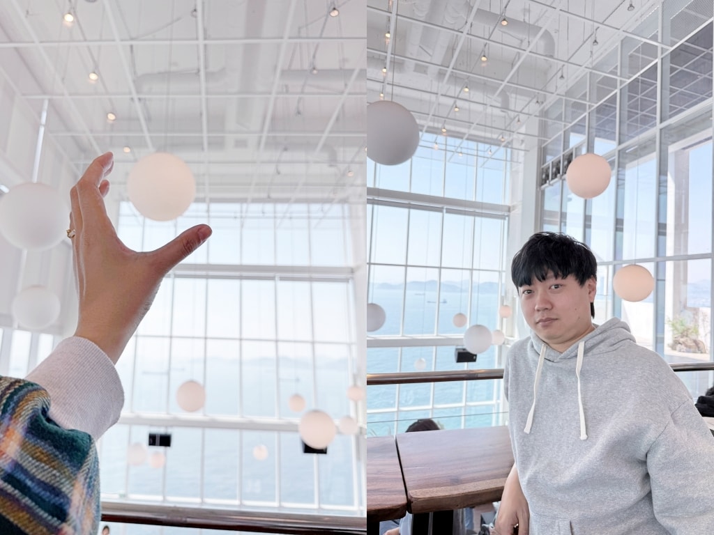 【釜山美食推薦】「THRILL ON THE MUG! (스릴온더머그)」釜山影島最美海景咖啡廳，兩層樓全景落地玻璃窗看海喝咖啡!